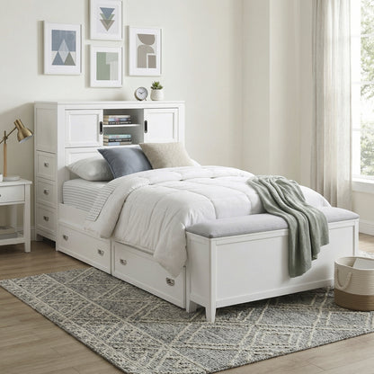 Sloane Bookcase Platform Bed with Hidden Desk, Stool and Storage Bench (White)