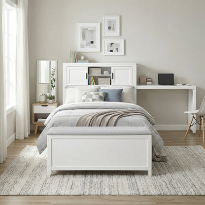 Sloane Bookcase Platform Bed with Hidden Desk, Stool and Storage Bench (White)