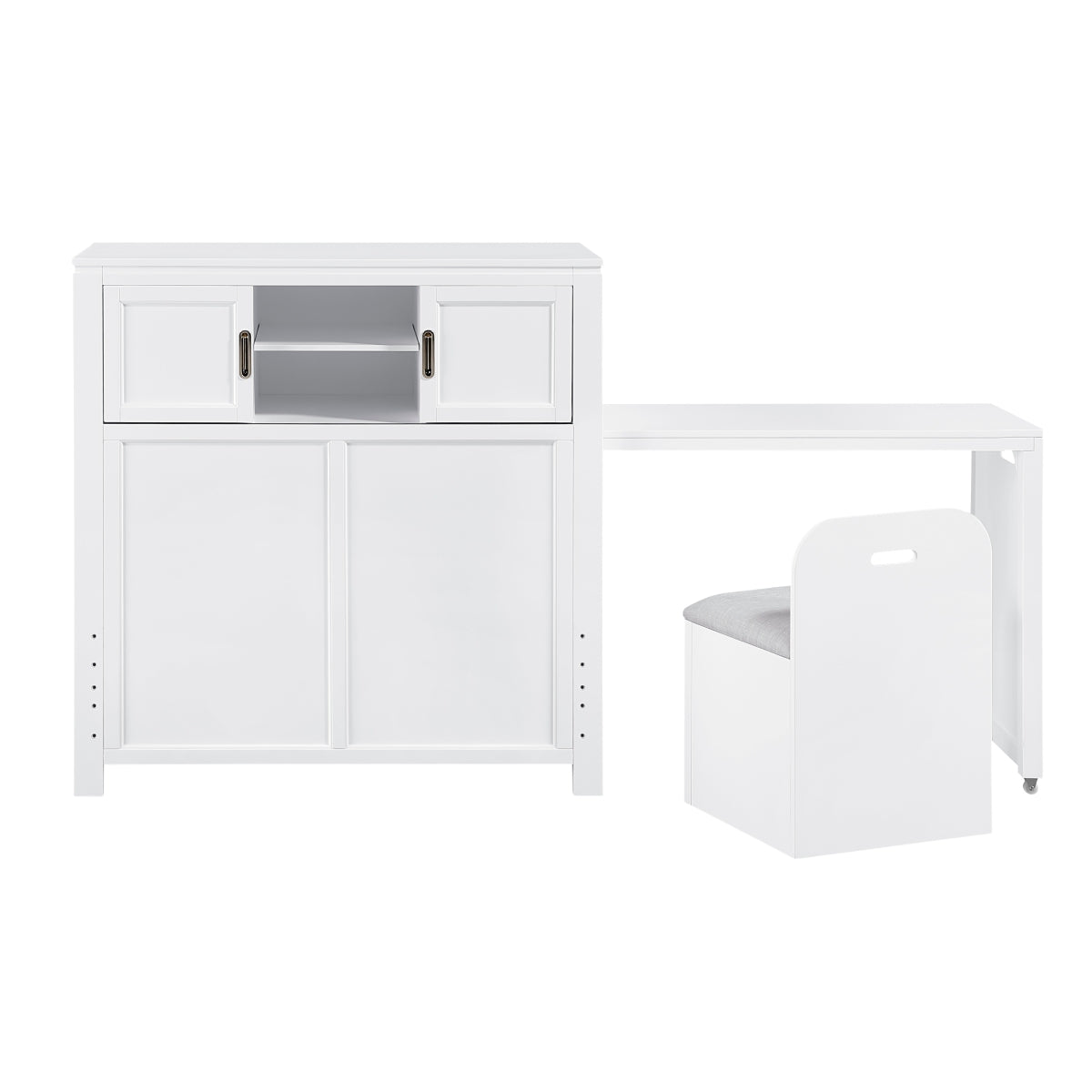 Sloane Bookcase Platform Bed with Hidden Desk, Stool and Storage Bench (White)