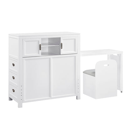 Sloane Bookcase Platform Bed with Hidden Desk, Stool and Storage Bench (White)