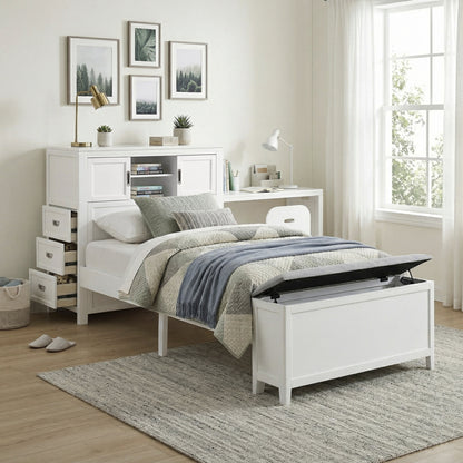 Sloane Bookcase Platform Bed with Hidden Desk, Stool and Storage Bench (White)