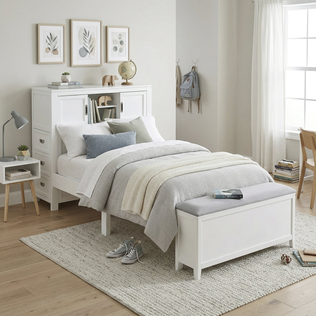 Sloane Bookcase Platform Bed with Hidden Desk, Stool and Storage Bench (White)