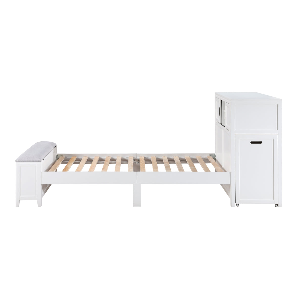 Sloane Bookcase Platform Bed with Hidden Desk, Stool and Storage Bench (White)