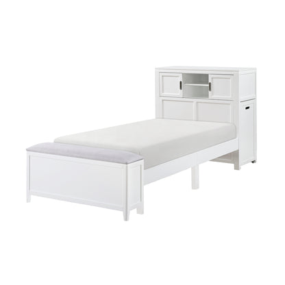 Sloane Bookcase Platform Bed with Hidden Desk, Stool and Storage Bench (White)