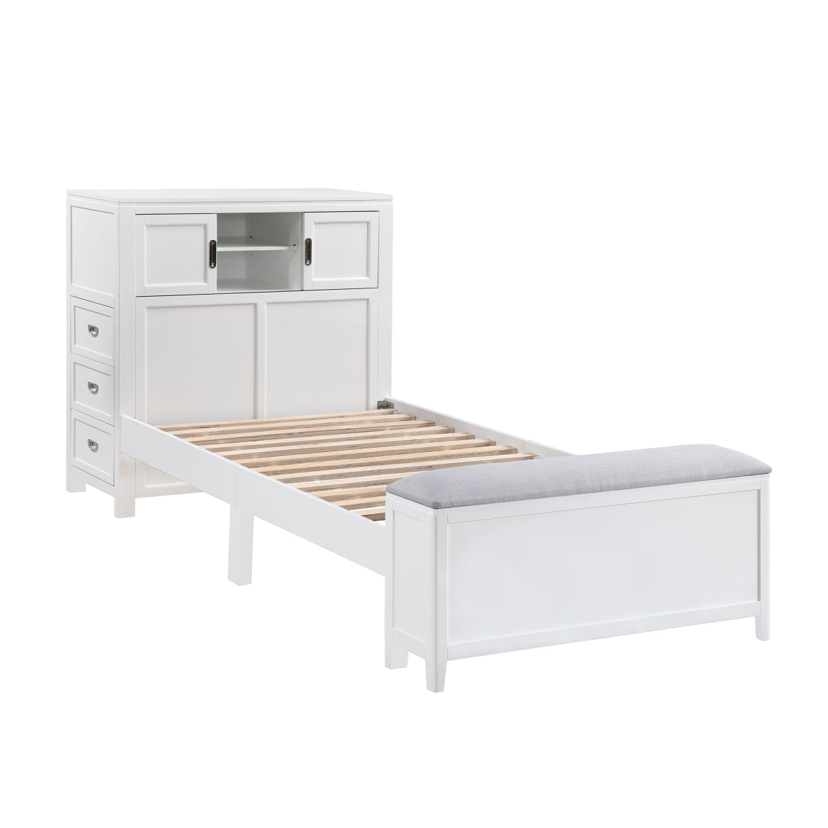 Sloane Bookcase Platform Bed with Hidden Desk, Stool and Storage Bench (White)