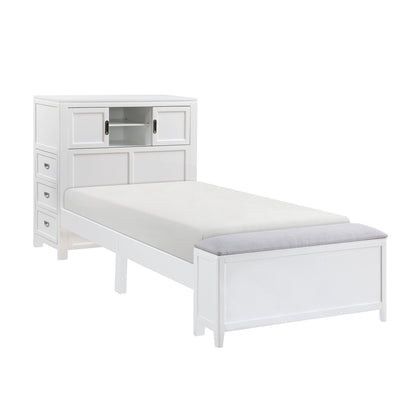 Sloane Bookcase Platform Bed with Hidden Desk, Stool and Storage Bench (White)