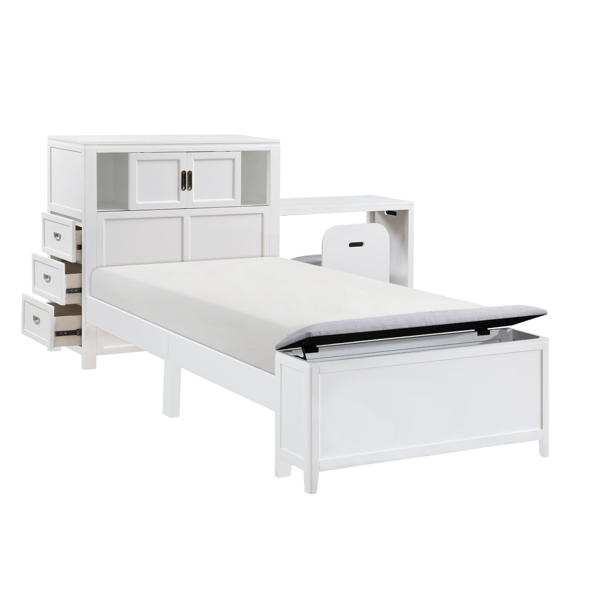 Sloane Bookcase Platform Bed with Hidden Desk, Stool and Storage Bench (White)