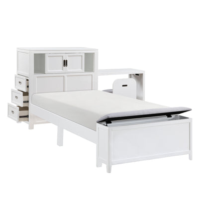 Sloane Bookcase Platform Bed with Hidden Desk, Stool and Storage Bench (White)