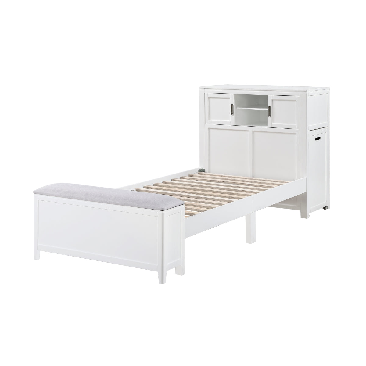 Sloane Bookcase Platform Bed with Hidden Desk, Stool and Storage Bench (White)