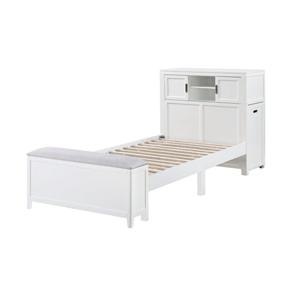 Sloane Bookcase Platform Bed with Hidden Desk, Stool and Storage Bench (White)