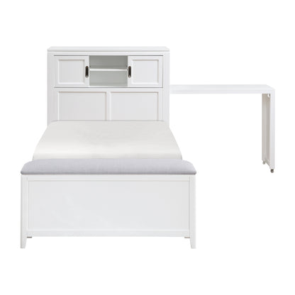 Sloane Bookcase Platform Bed with Hidden Desk, Stool and Storage Bench (White)