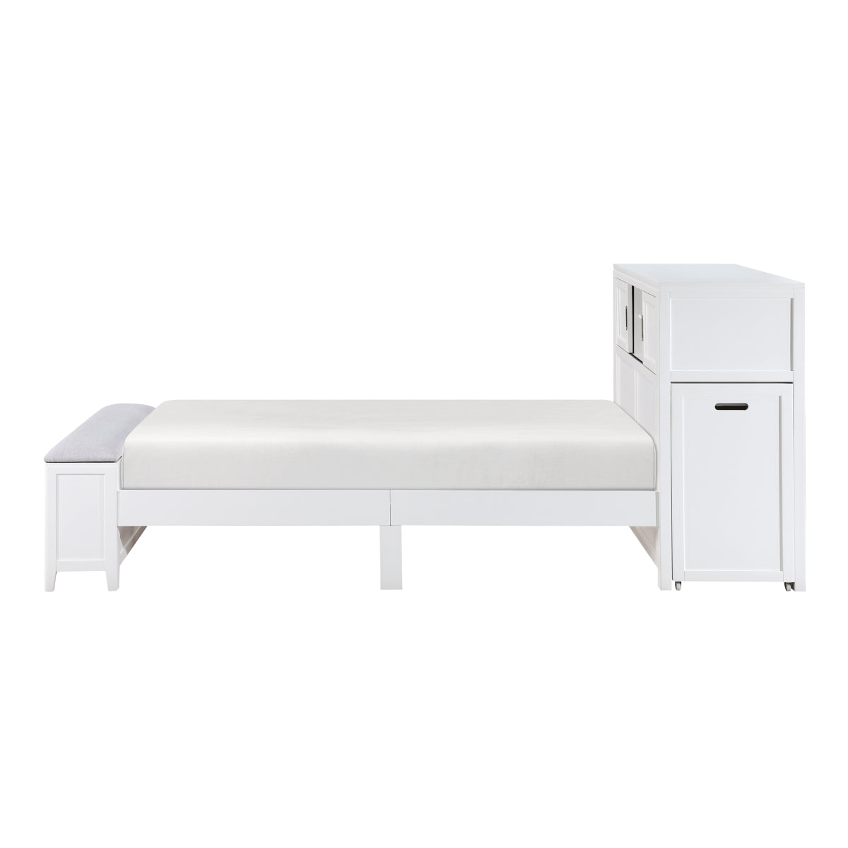 Sloane Bookcase Platform Bed with Hidden Desk, Stool and Storage Bench (White)
