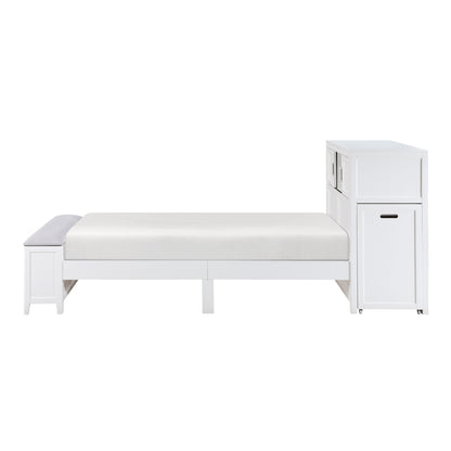 Sloane Bookcase Platform Bed with Hidden Desk, Stool and Storage Bench (White)