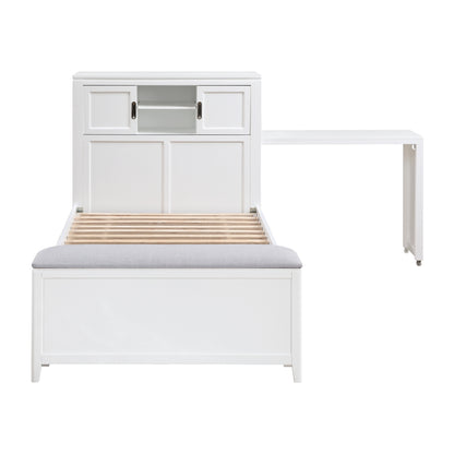 Sloane Bookcase Platform Bed with Hidden Desk, Stool and Storage Bench (White)