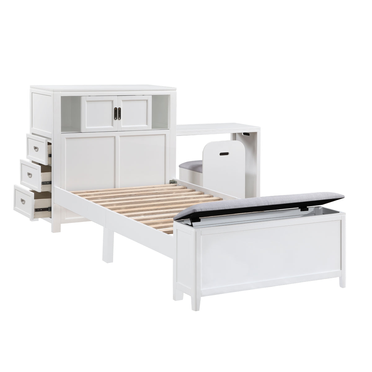 Sloane Bookcase Platform Bed with Hidden Desk, Stool and Storage Bench (White)
