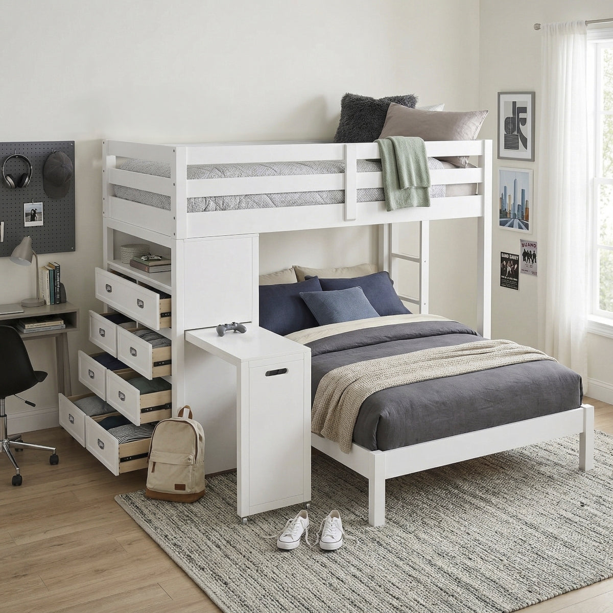 Sloane Twin/Full Loft Bunk Bed with Chest and Hidden Desk