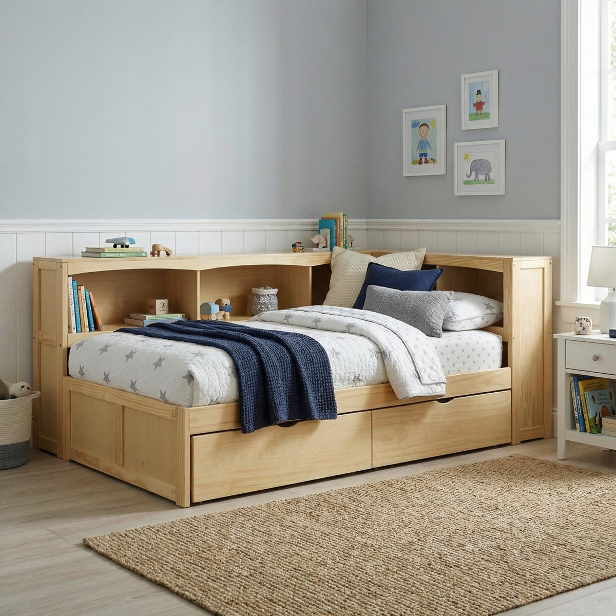 Bartly Twin Bookcase Corner Platform Bed with Storage Boxes