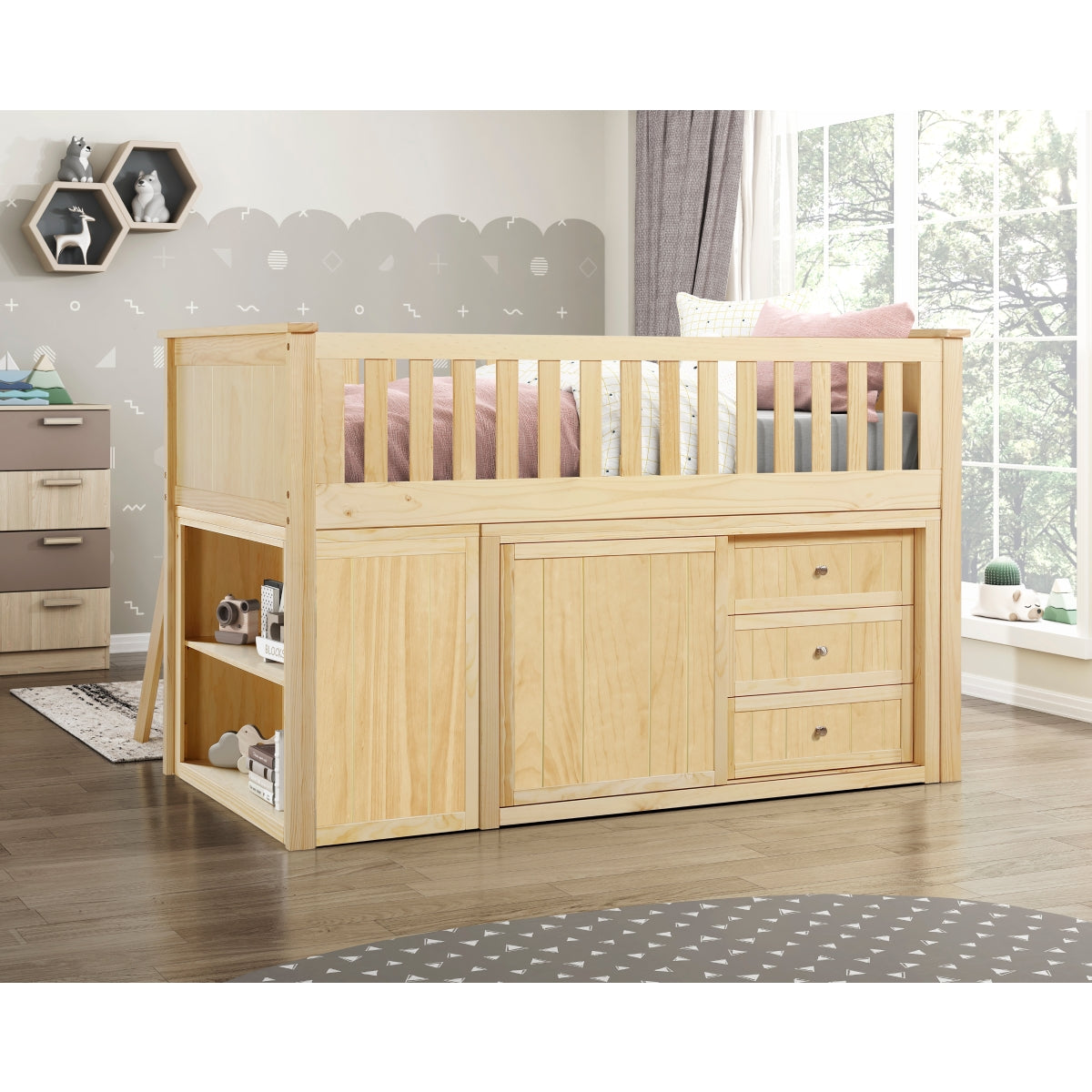 Bartly Low Loft Bunk with Bookcase and 2 Dressers