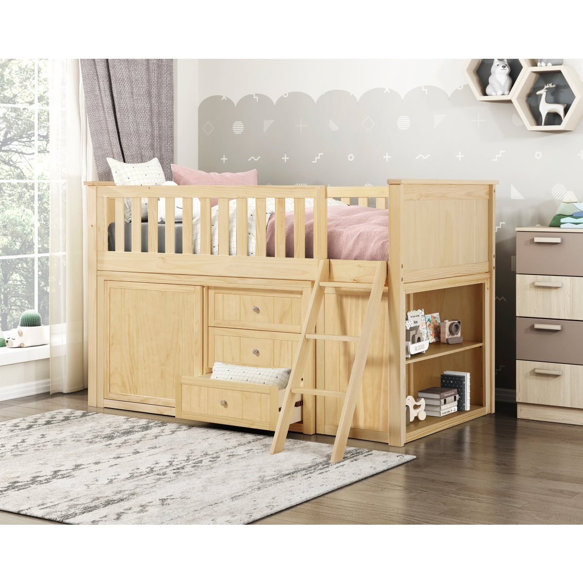 Bartly Low Loft Bunk with Bookcase and Dresser