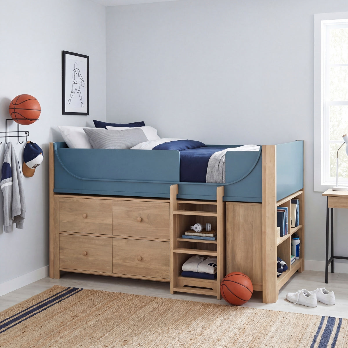 Liam Low Loft Bed with 2-Shelf Bookcase, 4-Shelf Bookcase and Dresser
