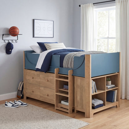 Liam Low Loft Bed with 2-Shelf Bookcase, 4-Shelf Bookcase and Dresser