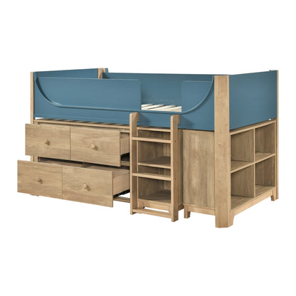 Liam Low Loft Bed with 2-Shelf Bookcase, 4-Shelf Bookcase and Dresser