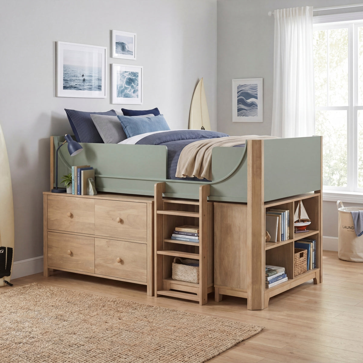 Liam Low Loft Bed with 2-Shelf Bookcase, 4-Shelf Bookcase and Dresser