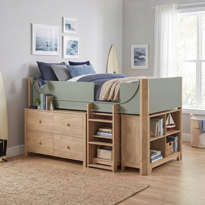 Liam Low Loft Bed with 2-Shelf Bookcase, 4-Shelf Bookcase and Dresser