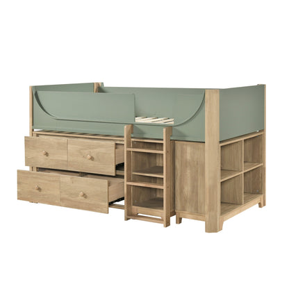 Liam Low Loft Bed with 2-Shelf Bookcase, 4-Shelf Bookcase and Dresser