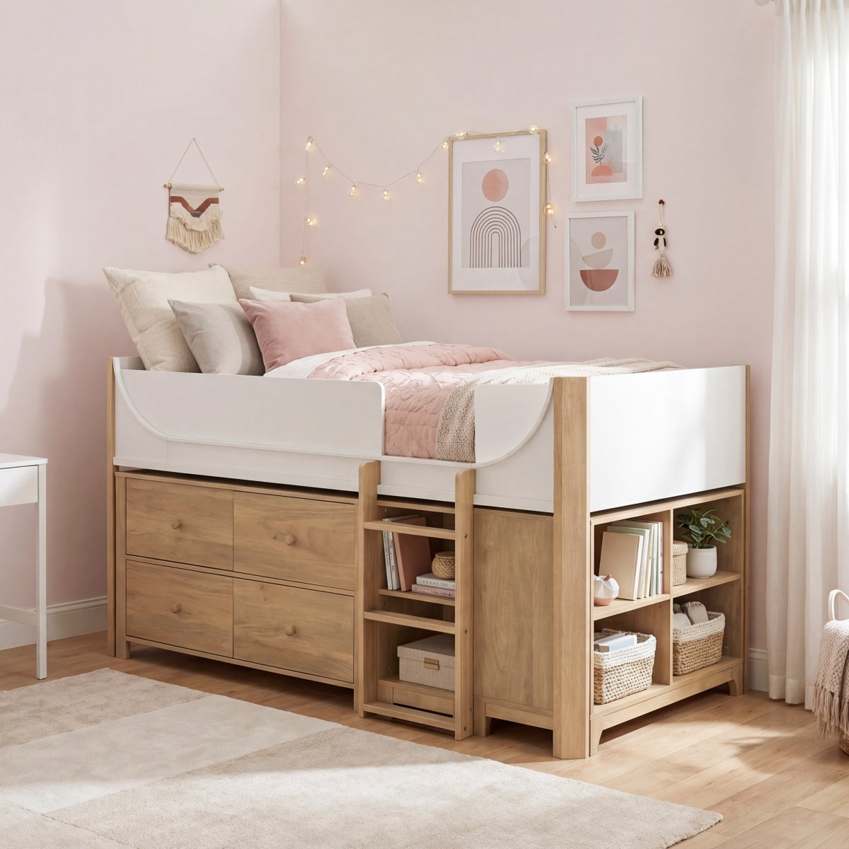 Liam Low Loft Bed with 2-Shelf Bookcase, 4-Shelf Bookcase and Dresser