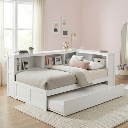 Galen Twin Bookcase Corner Platform Bed with Twin Trundle