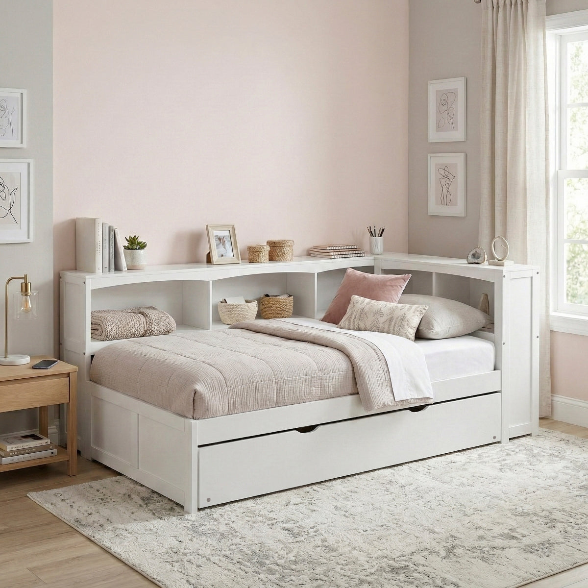 Galen Twin Bookcase Corner Platform Bed with Twin Trundle