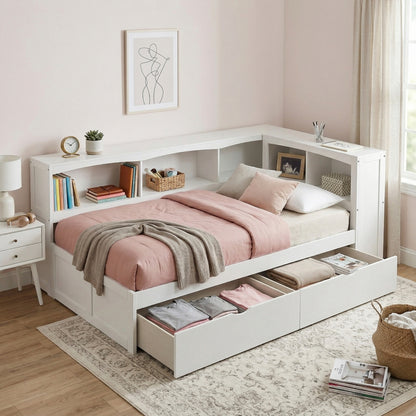 Galen Twin Bookcase Corner Platform Bed with Storage Boxes
