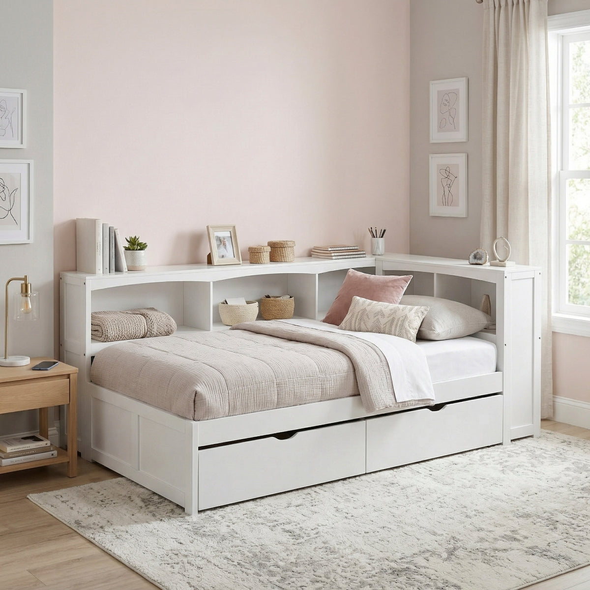 Galen Twin Bookcase Corner Platform Bed with Storage Boxes