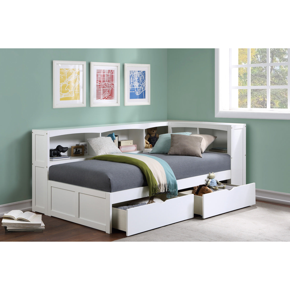 Galen Twin Bookcase Corner Platform Bed with Storage Boxes