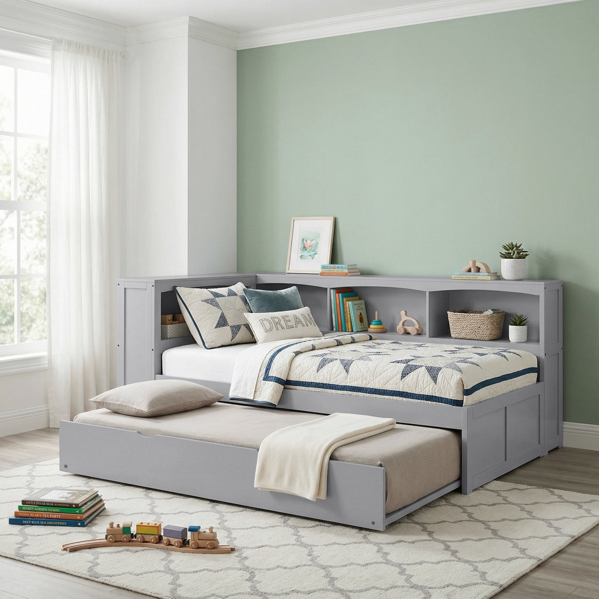 Orion Twin Bookcase Platform Bed with Twin Trundle