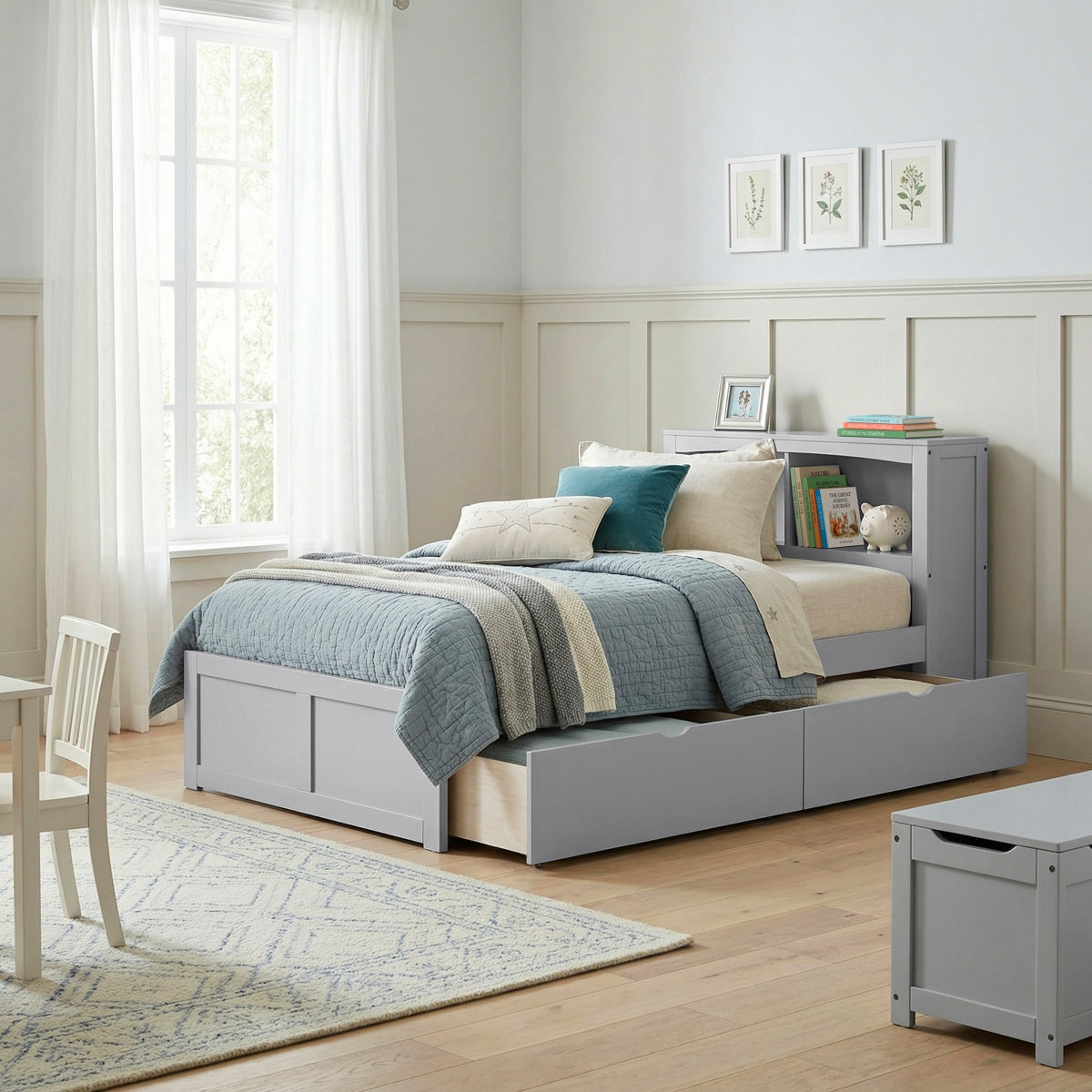 Orion Twin Bookcase Platform Bed with Storage Boxes