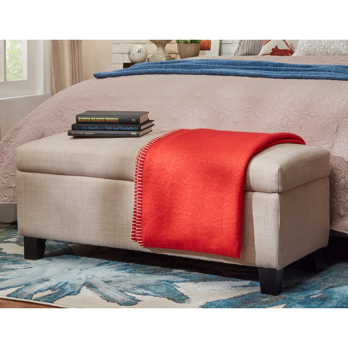 Beige Linen Lift-Top Strg Bench