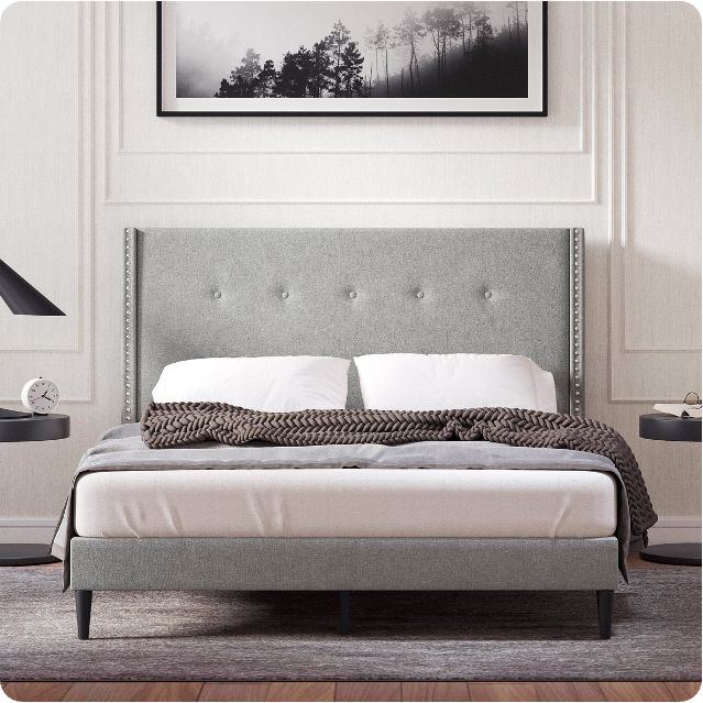 MCM Wingback Queen Platform Bed (Stone)