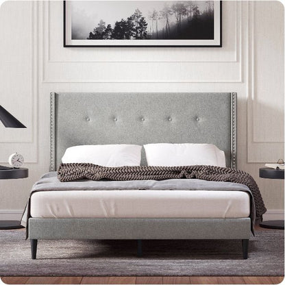 MCM Wingback Queen Platform Bed (Stone)