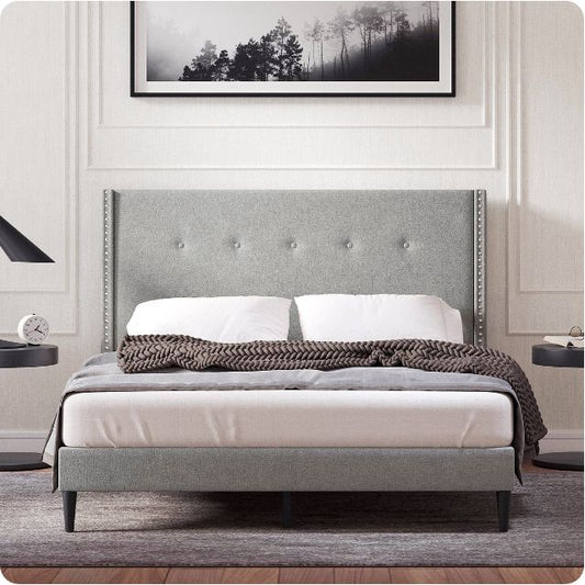 MCM Wingback Queen Platform Bed (Stone)