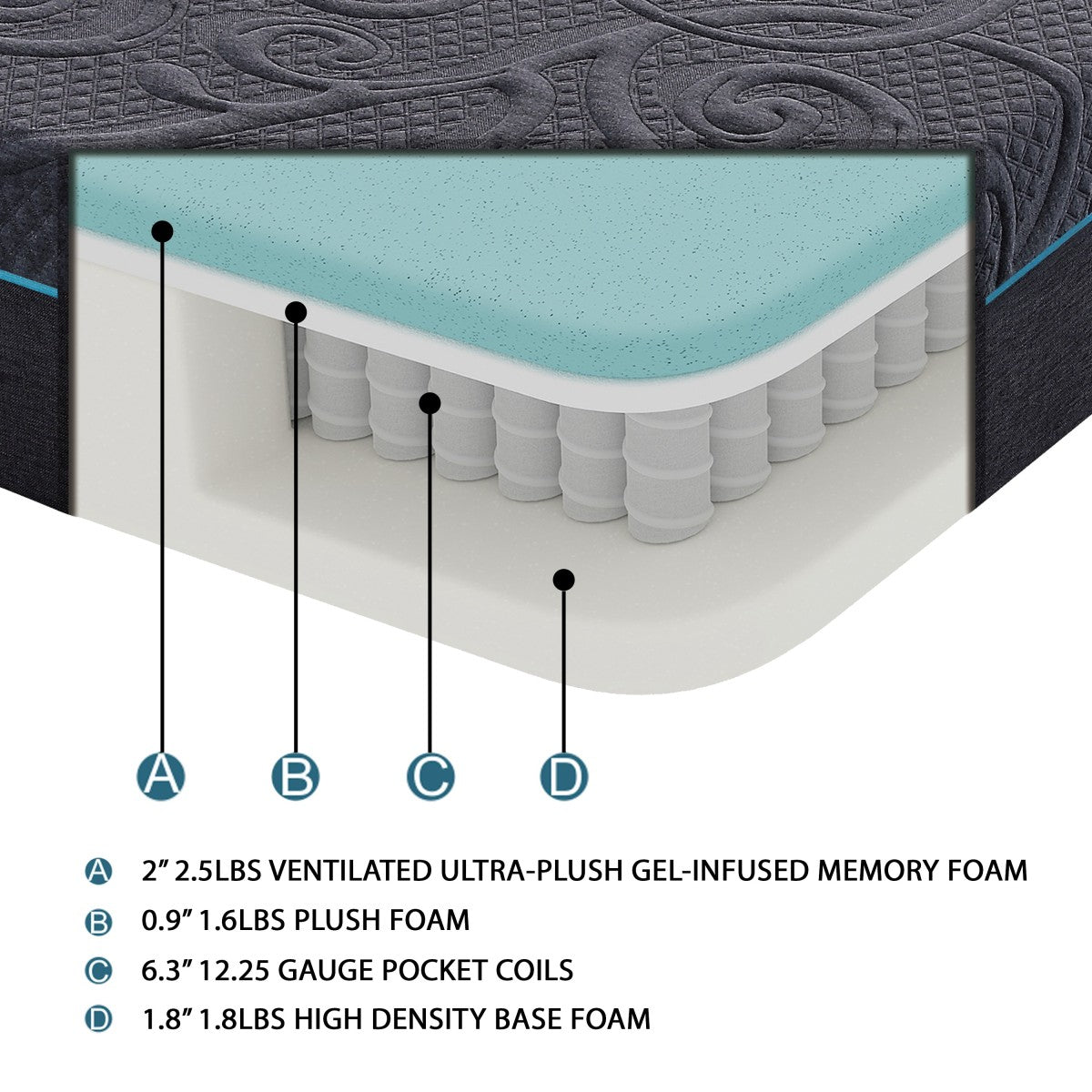 Mira 11" Eastern King Gel-Infused Memory Foam Hybrid Mattress - Dark gray
