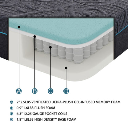 Mira 11" Eastern King Gel-Infused Memory Foam Hybrid Mattress - Dark gray