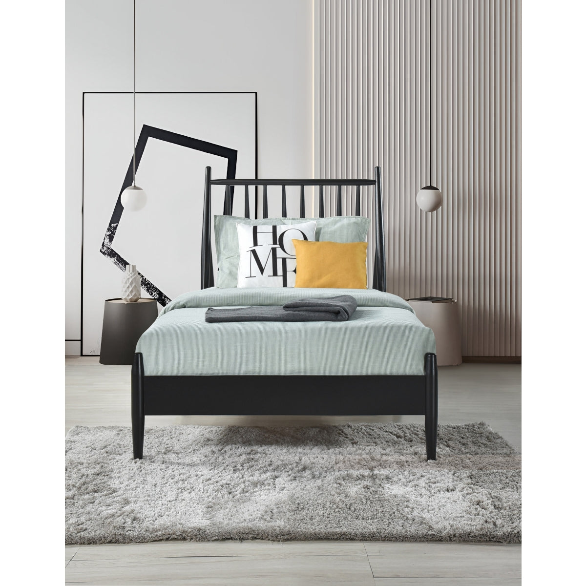 Twin Spindle Wood Bed, Matte Black Finish