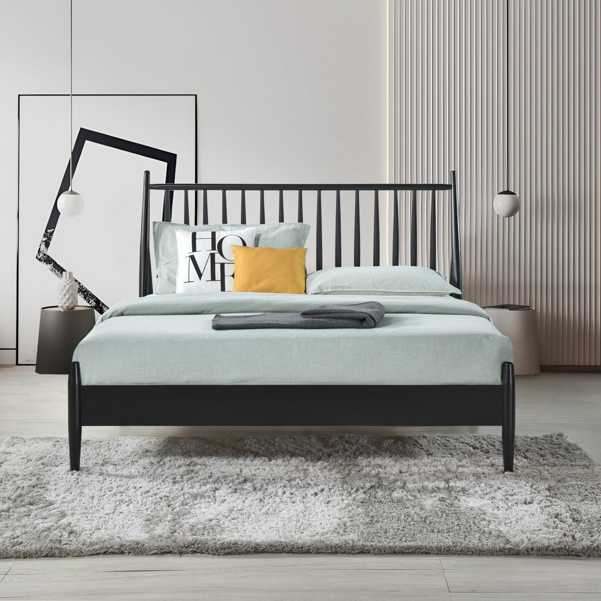 Queen Spindle Wood Bed, Matte Black Finish