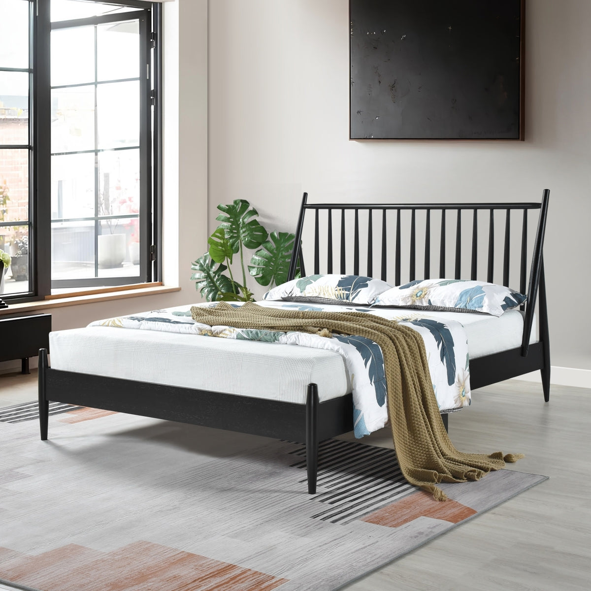 Queen Spindle Wood Bed, Matte Black Finish