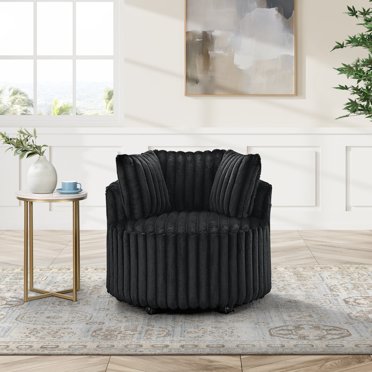 Accent Chair W/ Casters & 3 Pillows, Black