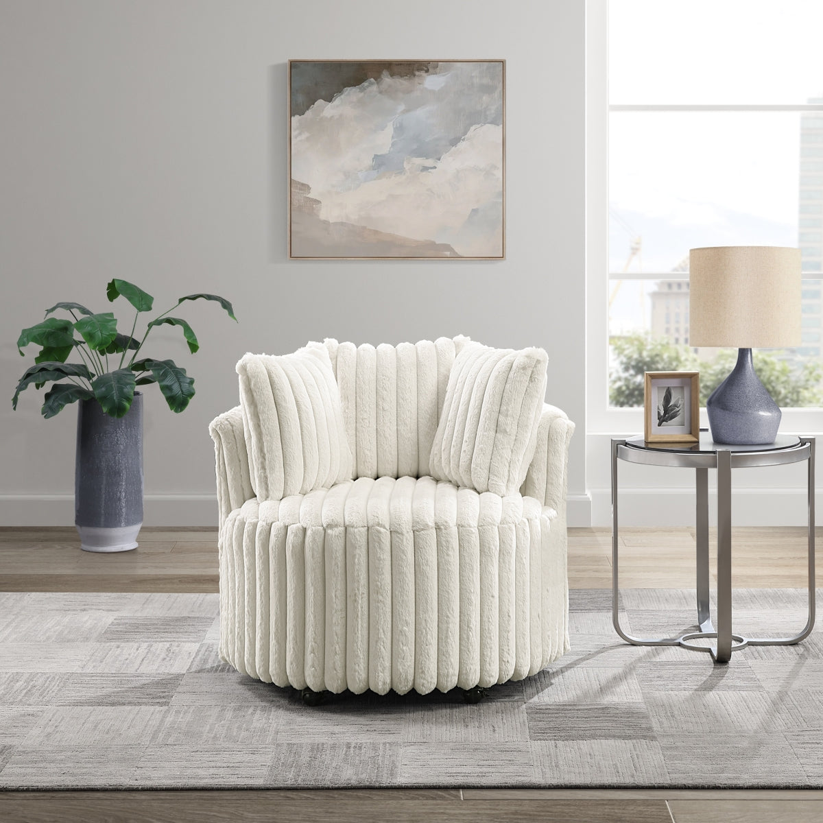 Accent Chair W/ Casters & 3 Pillows, Beige