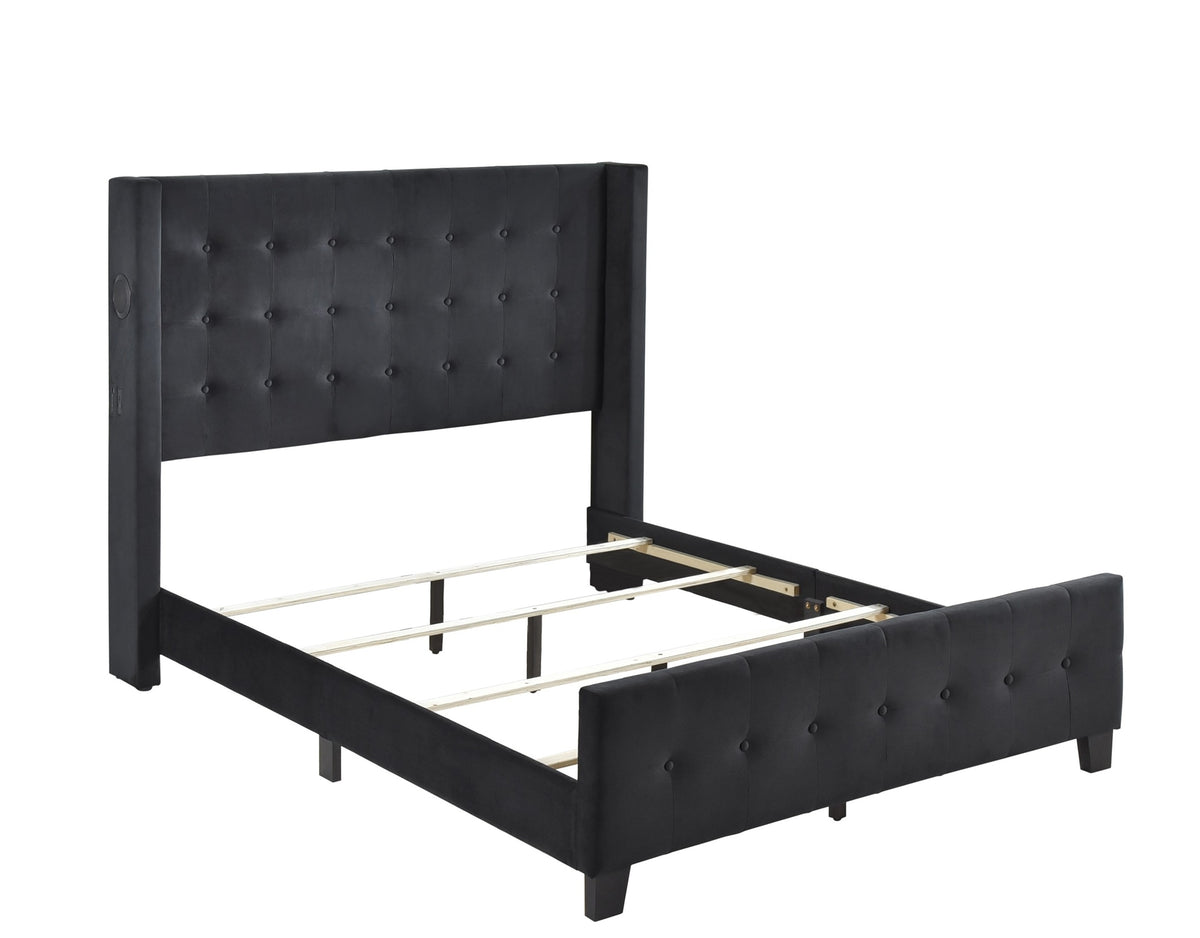 Queen Bed W/ Tufted And W/ Speaker & Usb/Type C, Black Velvet