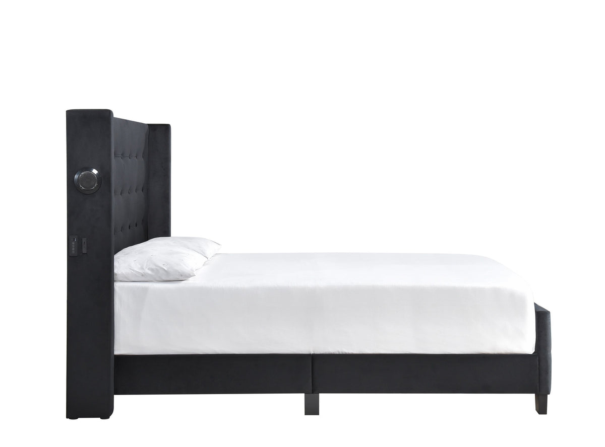 Queen Bed W/ Tufted And W/ Speaker & Usb/Type C, Black Velvet